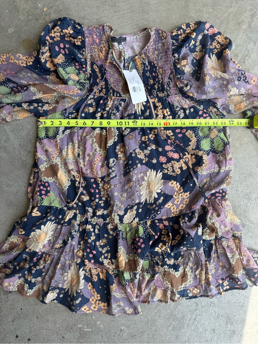 Retro 70s Print Navy & Lavender Floral Smocked Tiered Long-Sleeve Dress XL Boho - Picture 12 of 15